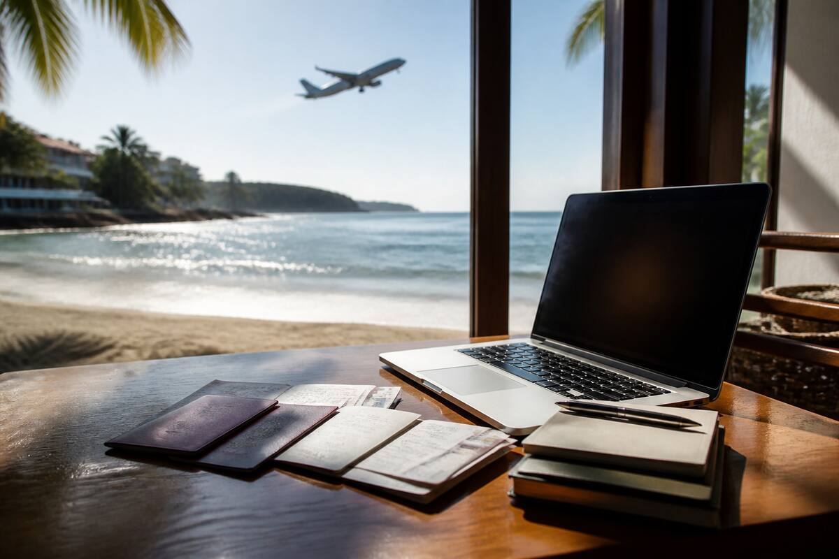 Vakanties vergelijken met reisdocumenten en laptop aan een tafel bij daglicht