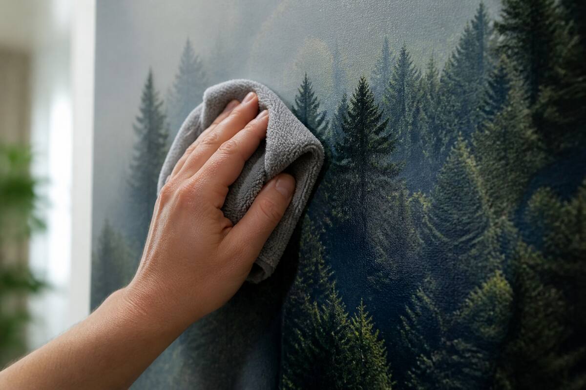 Iemand reinigt fotobehang voorzichtig met een zachte microvezeldoek