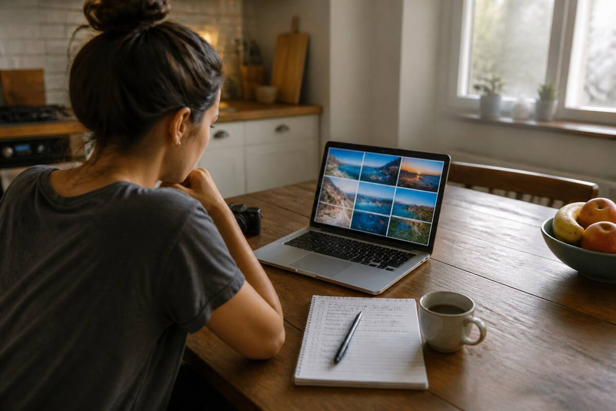 Een persoon die op een laptop vakanties vergelijkt met een checklist op papier