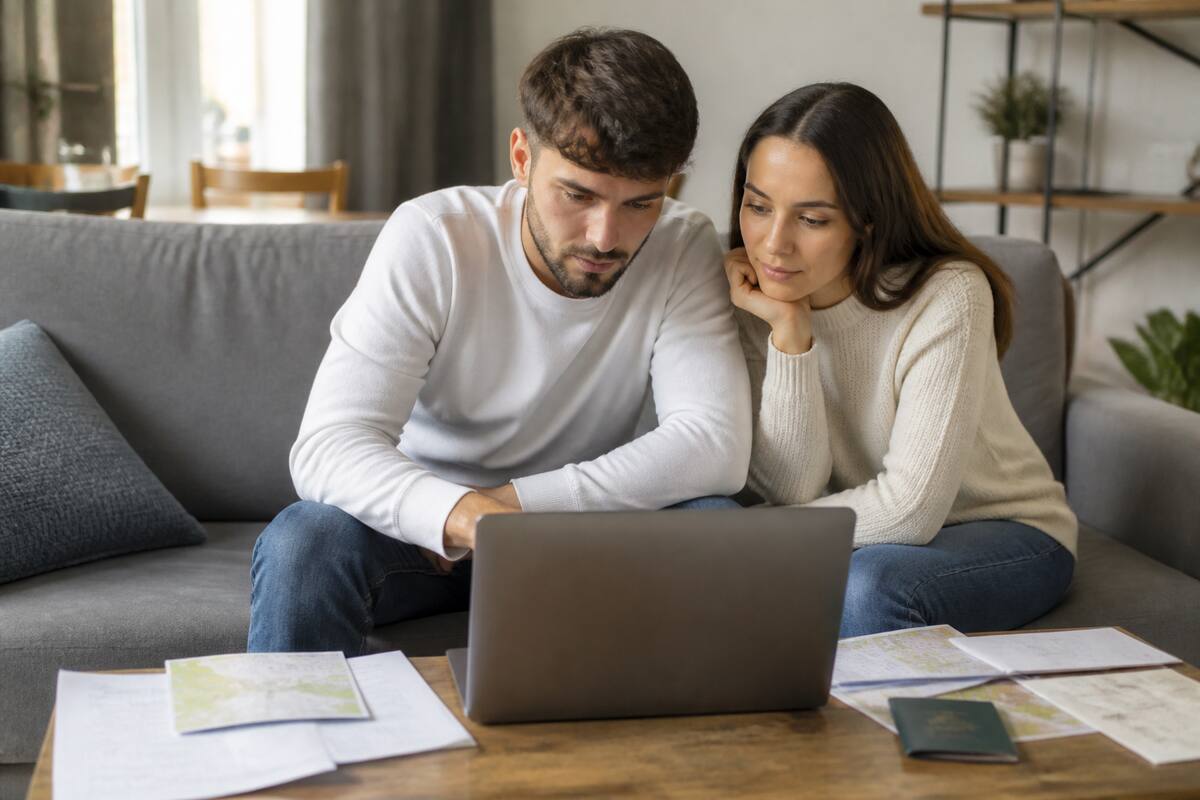 Stel dat samen voorbereidingen treft voor een vakantiechecklist op tafel met paspoort en laptop