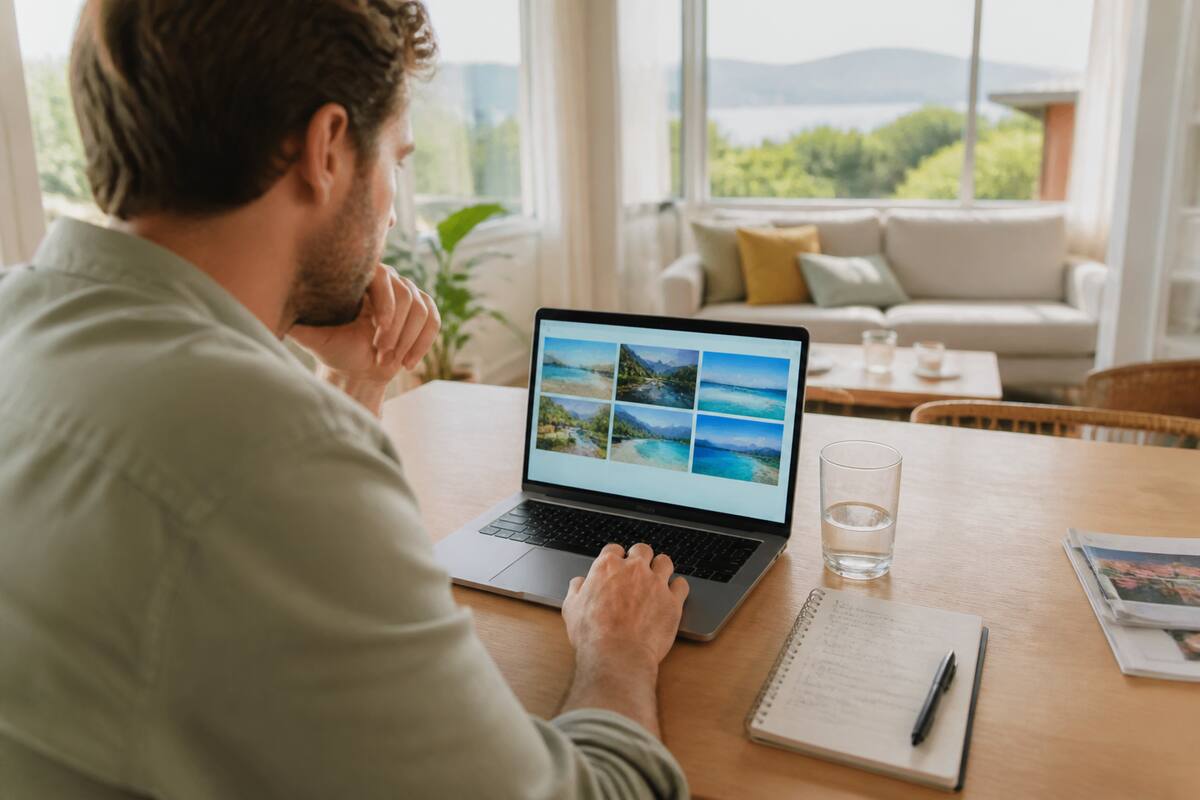 Iemand vergelijkt vakanties op een laptop in een lichte woonkamer