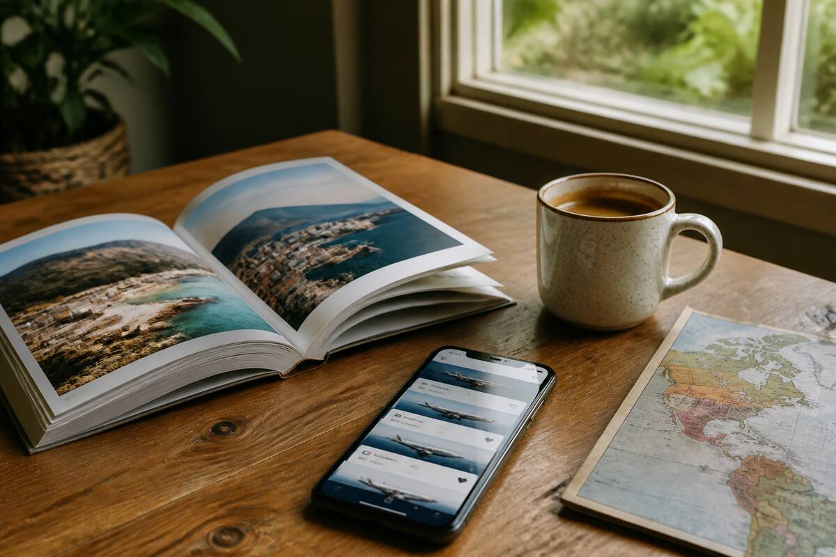 Reisgids en smartphone bij het vergelijken van vakanties en bestemmingen