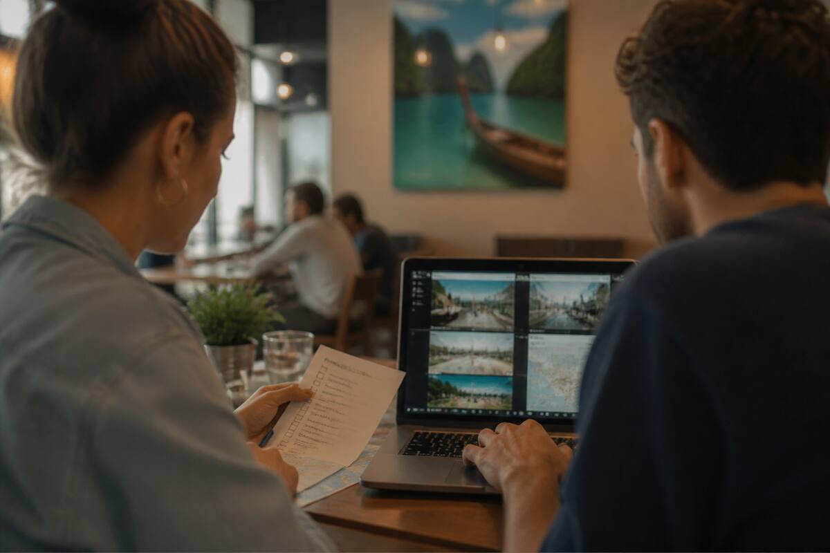 Koppel dat een checklist gebruikt om vakanties te vergelijken op een laptop in een café