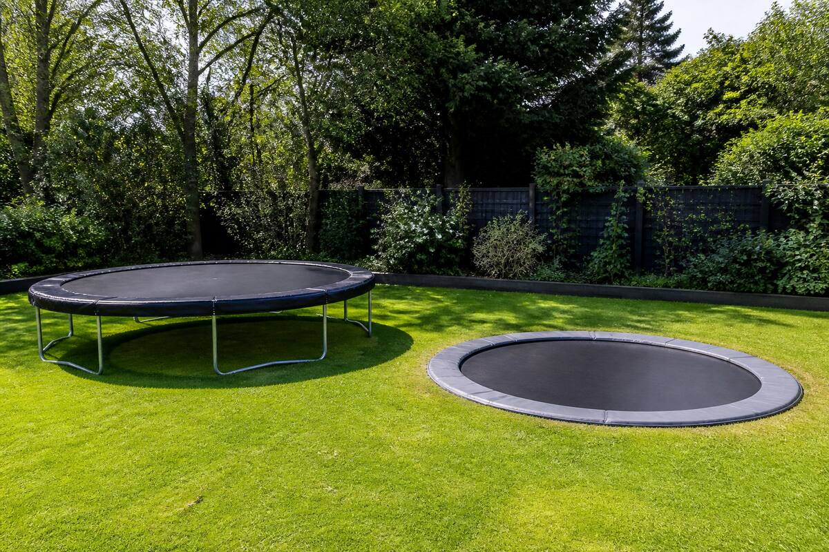 Opbouw trampoline en inground trampoline in een verzorgde tuin, fotorealistisch en zonder tekst