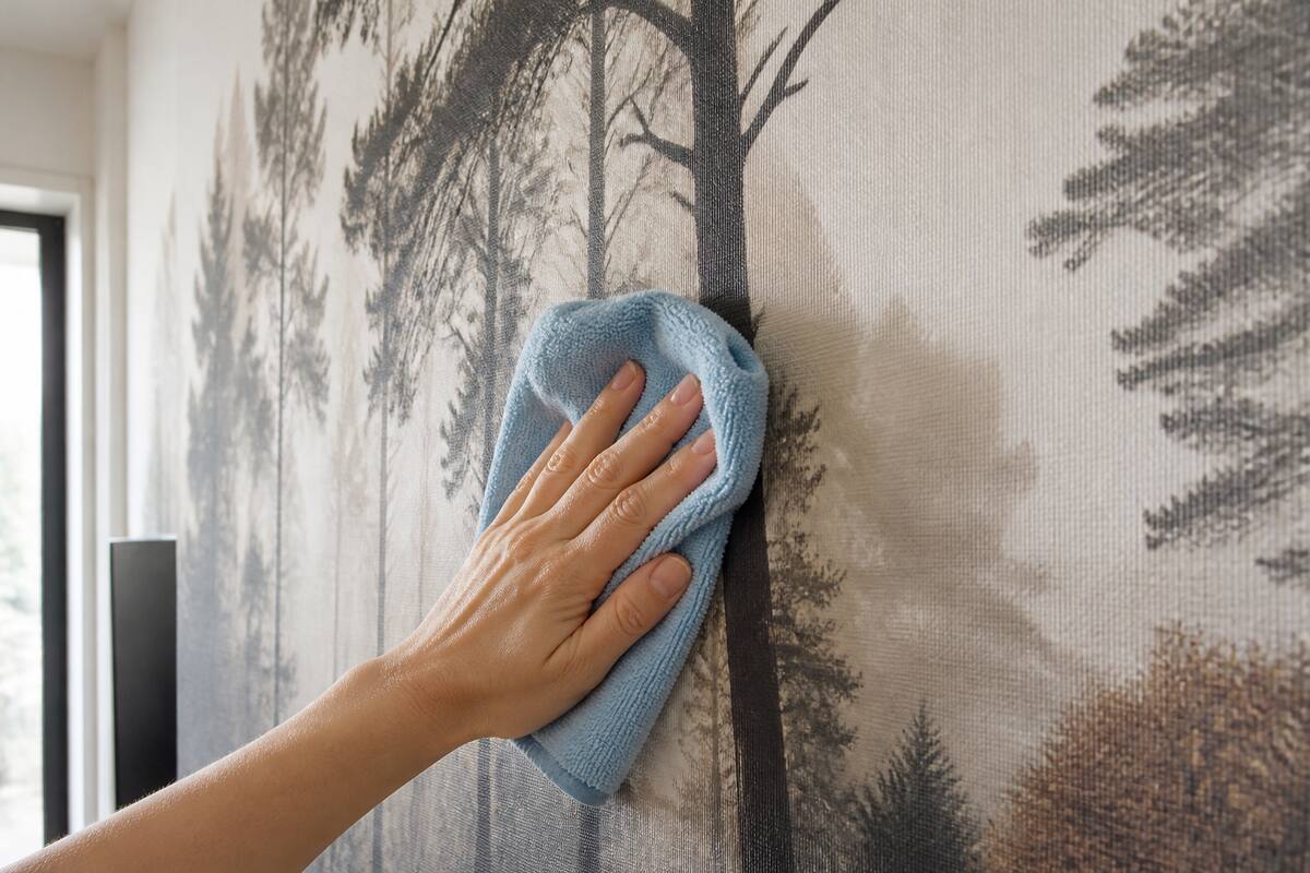 Hand veegt fotobehang voorzichtig schoon met een microvezeldoek in een lichte woonkamer