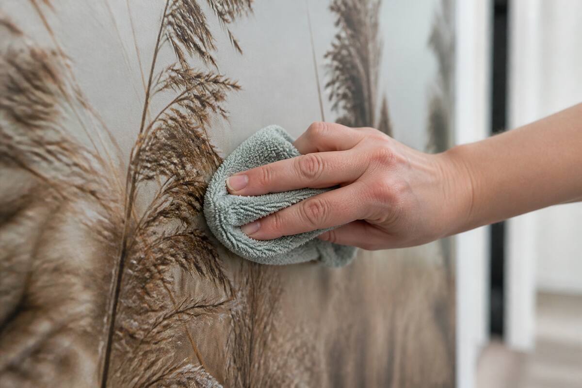 Hand die fotobehang voorzichtig schoonmaakt met een zachte microvezeldoek
