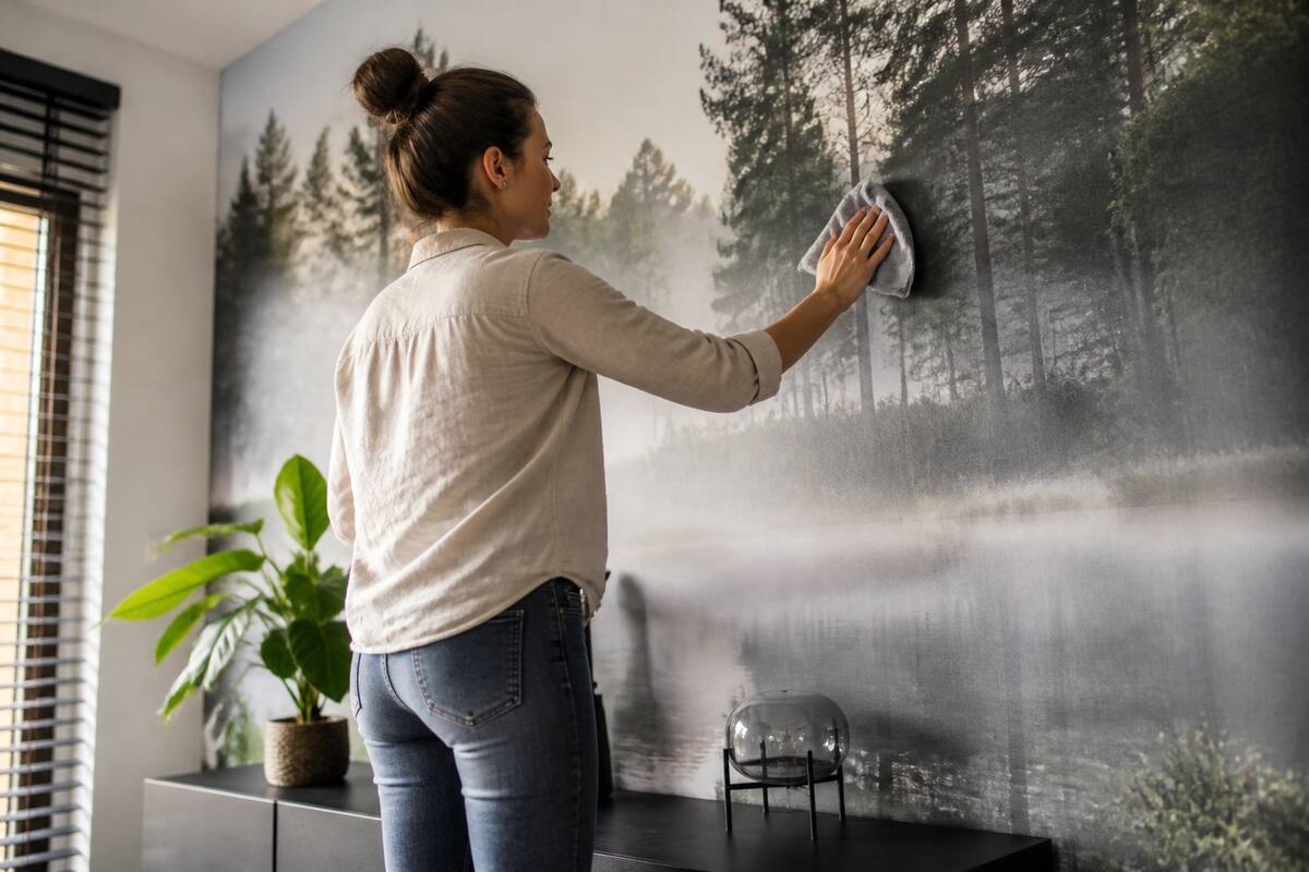 Een persoon reinigt voorzichtig fotobehang met een zachte microvezeldoek in een lichte woonkamer