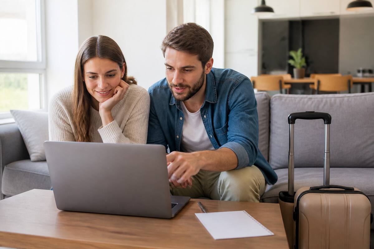 Koppel dat in huis vakanties vergelijkt op een laptop met een checklist op tafel