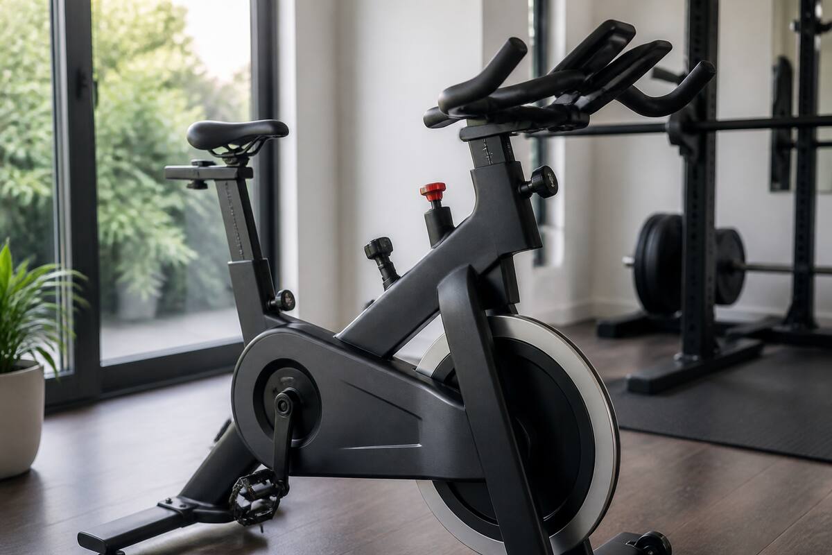 Een realistische indoor spinning bike in een lichte home gym, zonder tekst op beeld.