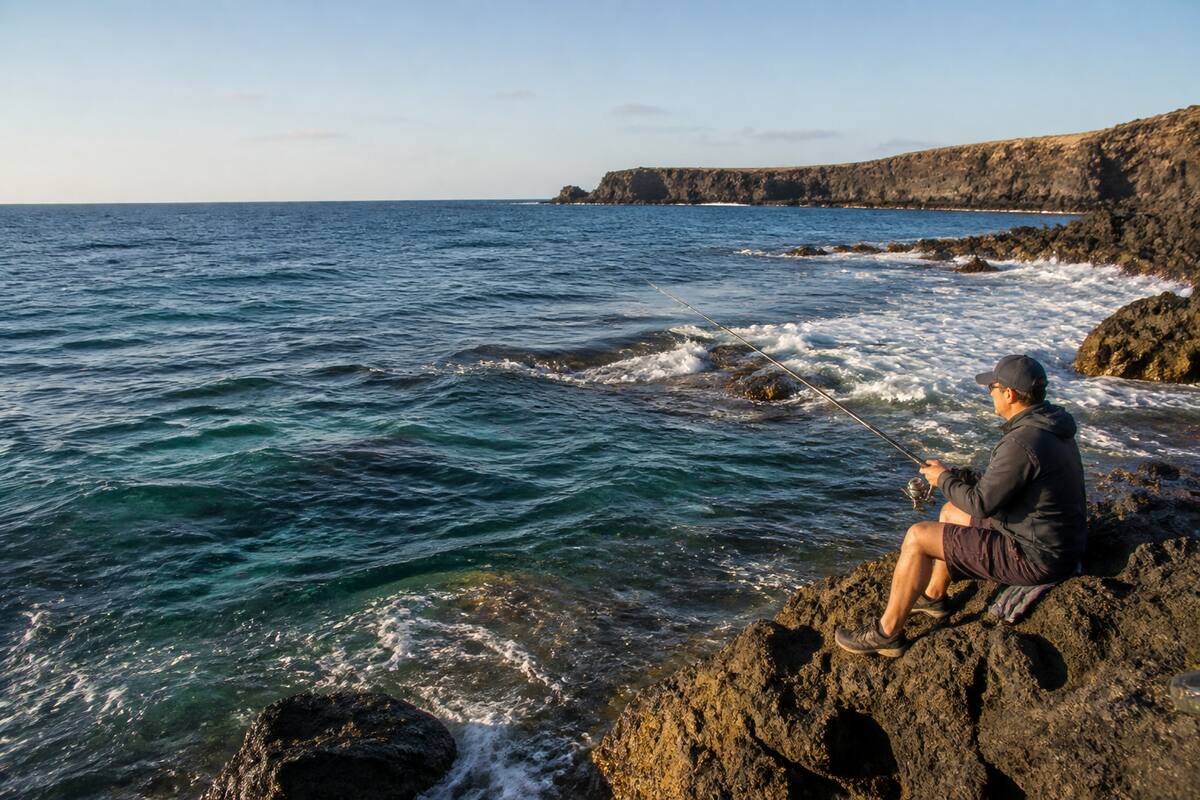 Een visser aan de kust van Lanzarote met een hengel richting de Atlantische Oceaan